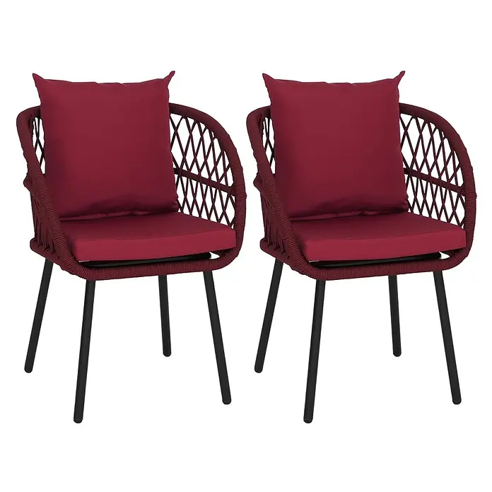 Mendler 2er-Set Gartenstuhl HWC-Q38 - Gestell schwarz, Polster Bordeaux -  - Zwei rote Stühle aus geflochtenem Seil mit roten Kissen und schwarzen Metallbeinen.