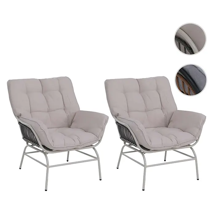 Mendler 2er-Set Gartenstuhl HWC-P75 Stoff - hellgrau, Polster beige -  - Zwei Outdoor-Sessel mit hellbeigen Kissen, hellgrauem Metallrahmen und dunklen Flechtdetails.