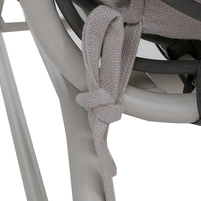 Mendler 2er-Set Gartenstuhl HWC-P75 Stoff - hellgrau, Polster beige -  - Hellgraues gewebtes Band, zu einem Knoten um einen geschwungenen Möbelrahmen gebunden.