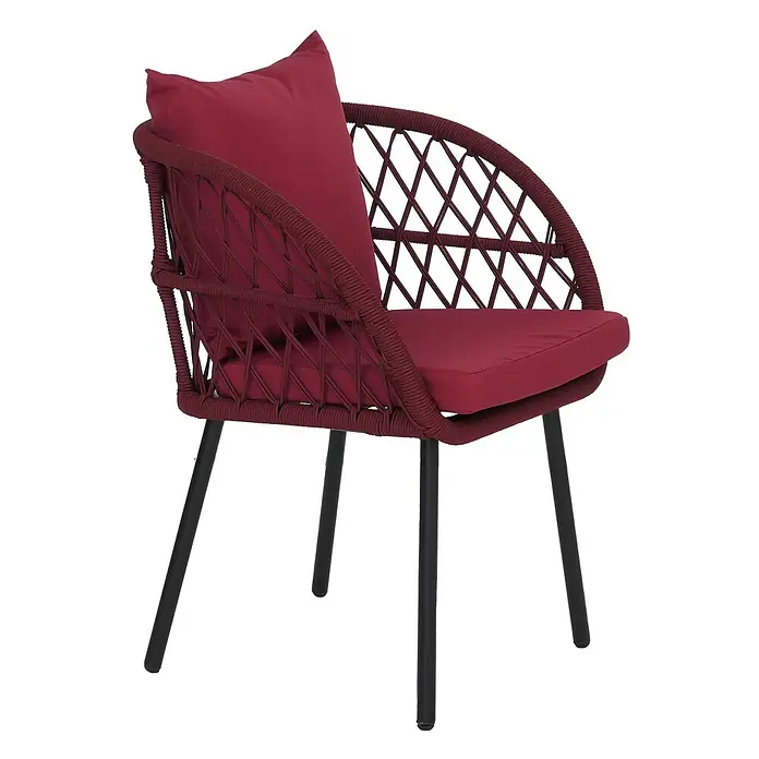 Mendler 2er-Set Gartenstuhl HWC-Q38 - Gestell schwarz, Polster Bordeaux -  - Roter geflochtener Sessel mit roten Sitz- und Rückenkissen auf schwarzen Metallbeinen.