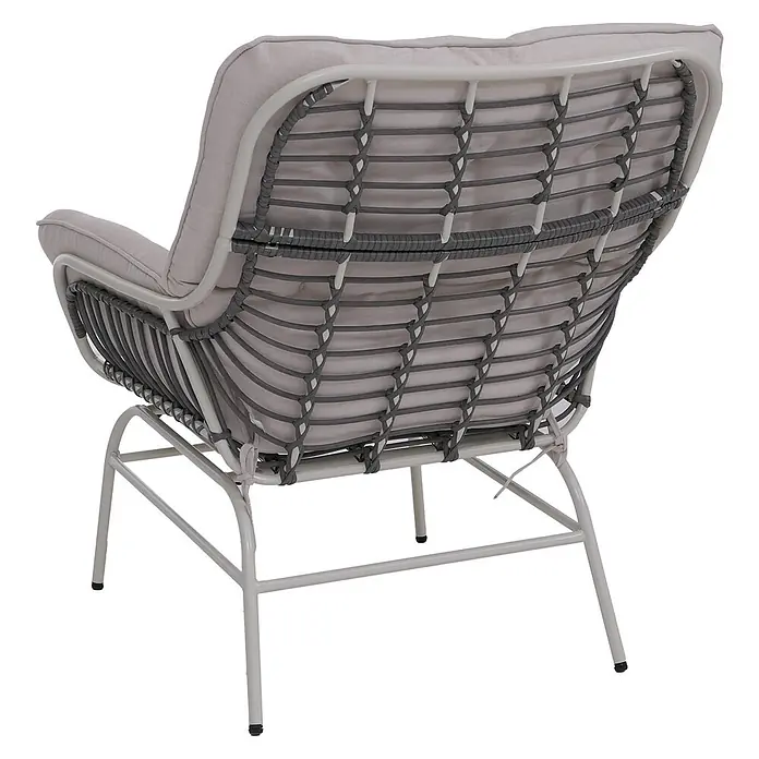 Mendler 2er-Set Gartenstuhl HWC-P75 Stoff - hellgrau, Polster beige -  - Hellgrauer Sessel mit Metallrahmen, grauem Geflecht und hellgrauen Kissen.