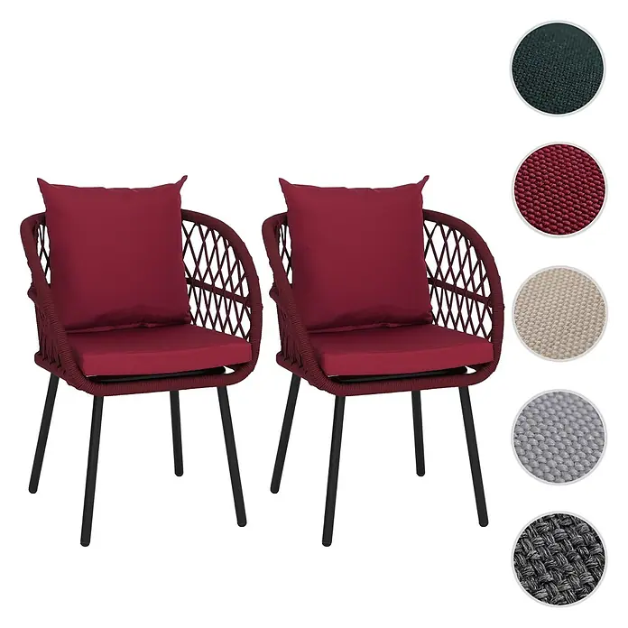 Mendler 2er-Set Gartenstuhl HWC-Q38 - Gestell schwarz, Polster Bordeaux -  - Paar rote geflochtene Stühle mit roten Sitz- und Rückenkissen auf schwarzen Metallbeinen.