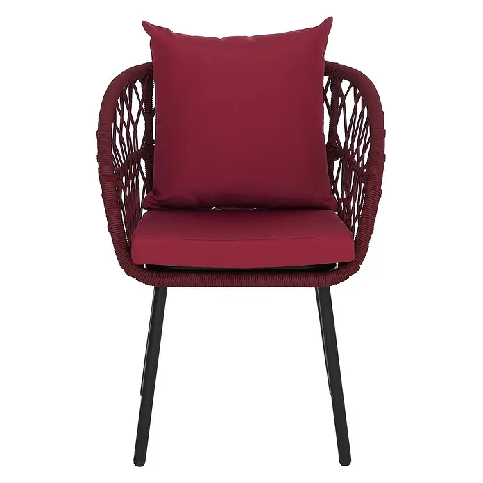 Mendler 2er-Set Gartenstuhl HWC-Q38 - Gestell schwarz, Polster Bordeaux -  - Roter geflochtener Sessel mit passenden Sitz- und Rückenkissen und schwarzen Beinen.