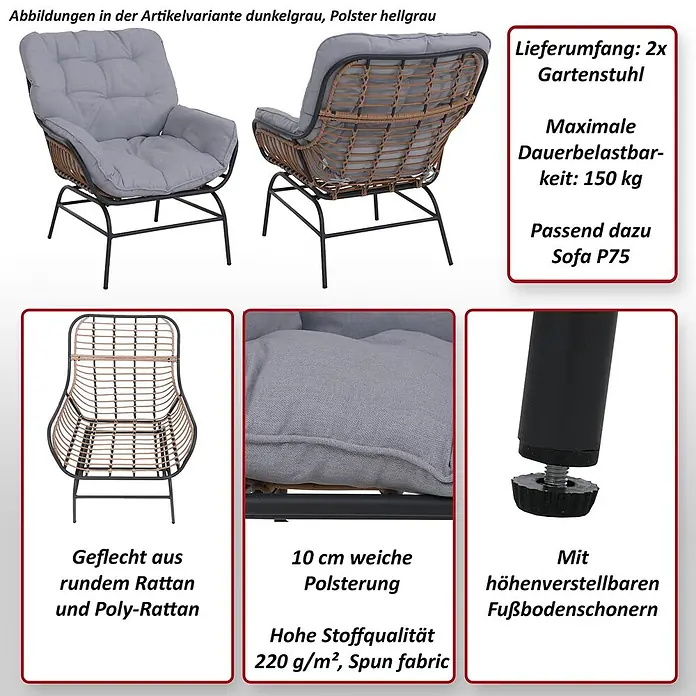 Mendler 2er-Set Gartenstuhl HWC-P75 Stoff - hellgrau, Polster beige -  - Zwei dunkelgraue Gartenstühle mit hellgrauen Polstern. Rahmen aus Rattan/Poly-Rattan, 10cm Kissen, verstellbare Füße, 150kg max. Last.