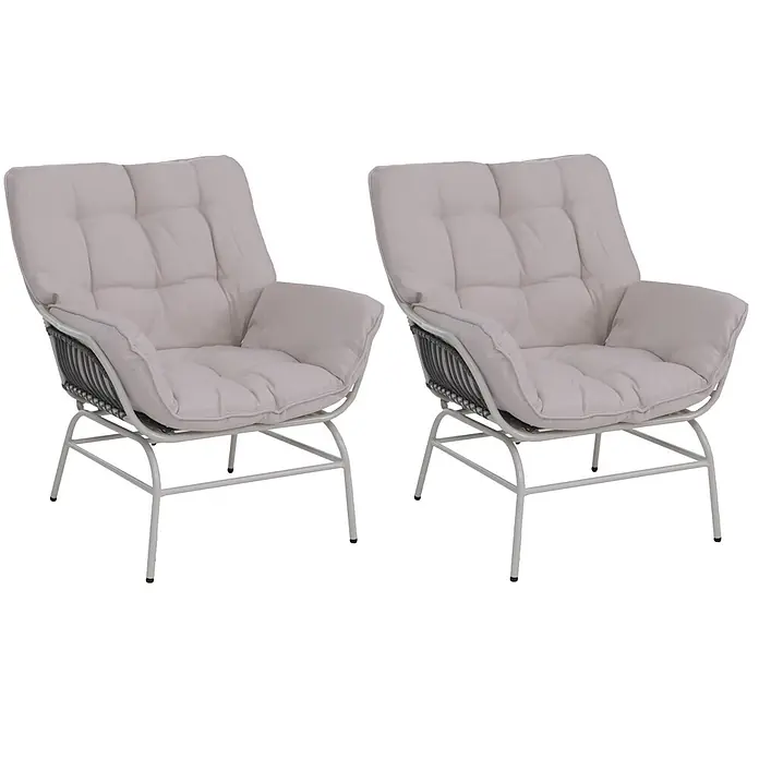 Mendler 2er-Set Gartenstuhl HWC-P75 Stoff - hellgrau, Polster beige -  - Zwei hellgraue, getuftete Outdoor-Sessel mit dunkelgrauen geflochtenen Details und hellgrauen Metallrahmen.