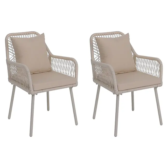 Mendler 2x Gartenstuhl HWC-O12 Rückenpolster - creme, Bezug creme -  - Zwei beigefarbene Korbsessel mit passenden Kissen und hellen Metallbeinen.