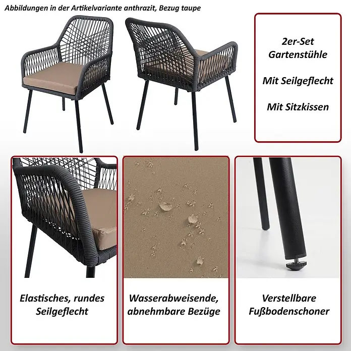 Mendler 2er-Set Gartenstuhl HWC-O12 Sitzpolster - anthrazit, Bezug Taupe -  - Zwei anthrazitfarbene Gartenstühle mit Seilgeflecht, taupefarbenen Sitzkissen, verstellbaren Füßen und wasserabweisenden Bezügen.