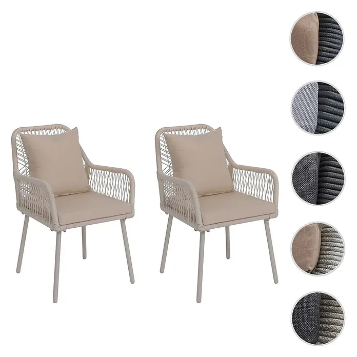 Mendler 2x Gartenstuhl HWC-O12 Rückenpolster - creme, Bezug creme -  - Zwei hellbeige Outdoor-Sessel aus geflochtenem Seil mit passenden Kissen und Metallbeinen.