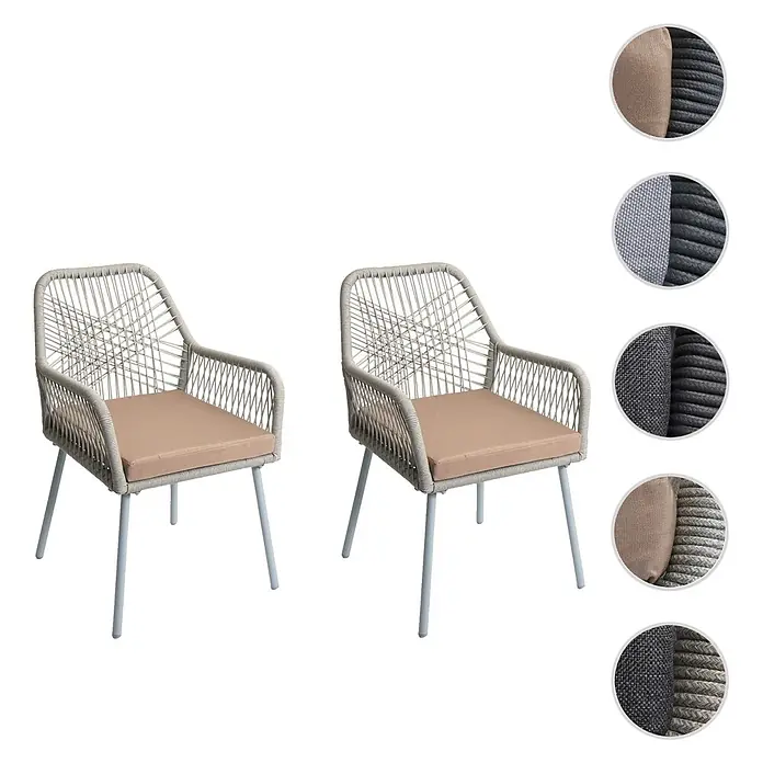 Mendler 2er-Set Gartenstuhl HWC-O12 Sitzpolster - grau, Bezug Taupe -  - Zwei hellgraue Outdoor-Stühle aus geflochtenem Seil mit hellbraunen Kissen und hellgrauen Metallbeinen.