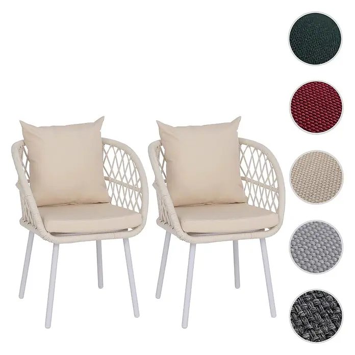 Mendler 2er-Set Gartenstuhl HWC-Q38 - Gestell hellgrau, Polster Creme -  - Zwei Outdoor-Stühle mit weißem Korbstilgeflecht, weißen Metallbeinen und cremefarbenen Kissen. Stoffmuster zeigen weitere Farboptionen.