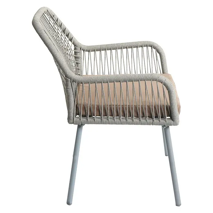 Mendler 2er-Set Gartenstuhl HWC-O12 Sitzpolster - grau, Bezug Taupe -  - Grauer Outdoor-Sessel mit Seilgeflecht, beigem Kissen und grauen Metallbeinen.