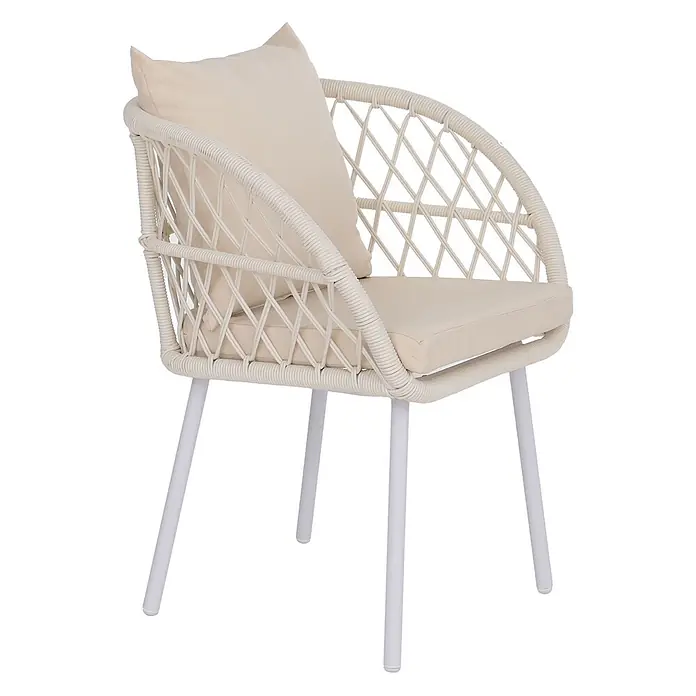 Mendler 2er-Set Gartenstuhl HWC-Q38 - Gestell hellgrau, Polster Creme -  - Geflochtener beiger Terrassensessel mit weißen Metallbeinen und passenden Kissen.