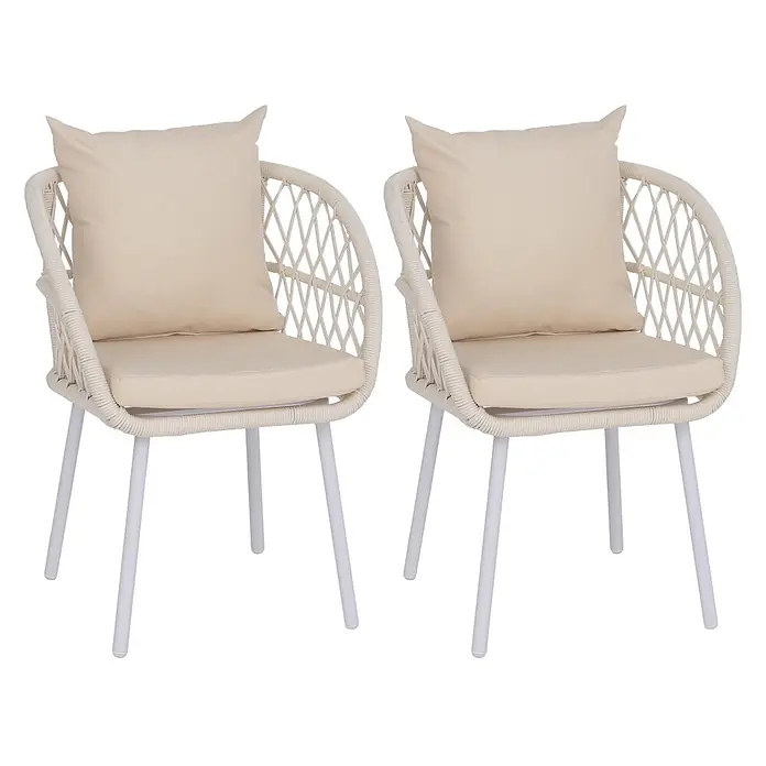 Mendler 2er-Set Gartenstuhl HWC-Q38 - Gestell hellgrau, Polster Creme -  - Zwei cremeweiße geflochtene Terrassenstühle mit hellbeigen Kissen und weißen Metallbeinen.