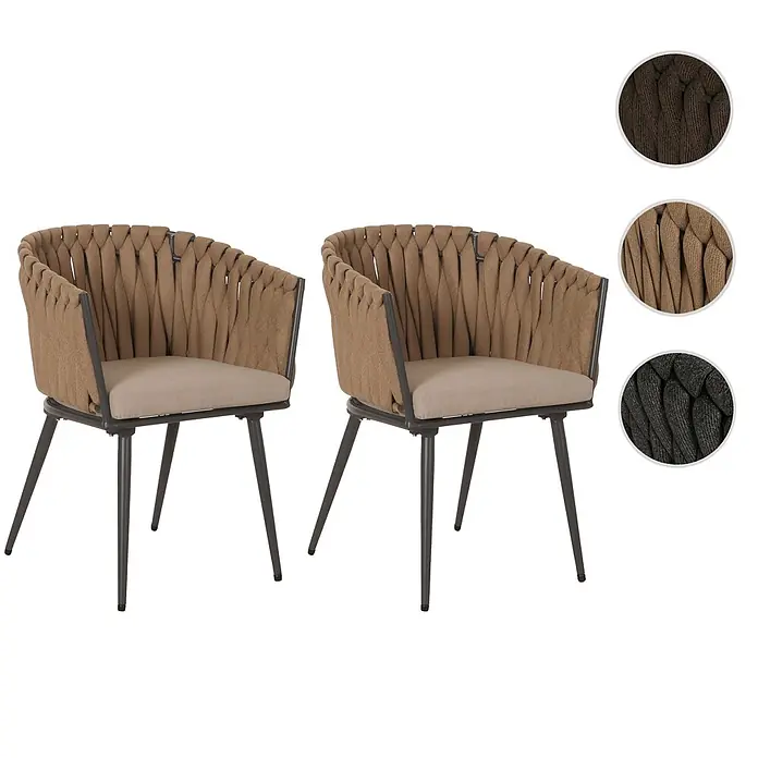 Mendler 2er-Set Alu-Gartenstuhl HWC-N38, Rope ~ beige Kissen hellbraun -  - Zwei moderne Esszimmerstühle mit geflochtenen hellbraunen Rücken, beigen Sitzen und dunklen Metallbeinen, in mehreren Farben erhältlich.