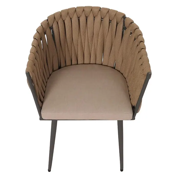Mendler 2er-Set Alu-Gartenstuhl HWC-N38, Rope ~ beige Kissen hellbraun -  - Ein hellbrauner Stuhl aus geflochtenem Seil mit dunklem Metallrahmen und beigem Stoffpolster.