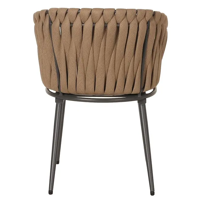 Mendler 2er-Set Alu-Gartenstuhl HWC-N38, Rope ~ beige Kissen hellbraun -  - Rückansicht eines Stuhls mit brauner geflochtener Rückenlehne und Sitzfläche sowie dunkelgrauen Metallbeinen.