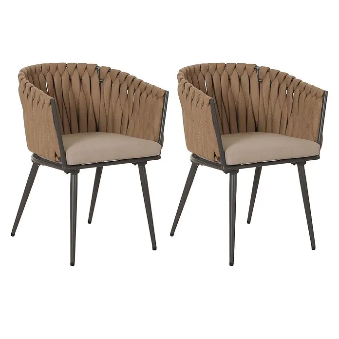 Mendler 2er-Set Alu-Gartenstuhl HWC-N38, Rope ~ beige Kissen hellbraun -  - Zwei moderne Stühle mit dunkelgrauen Metallgestellen, braunen geflochtenen Seilrückenlehnen und Armlehnen sowie hellbeigen Sitzkissen.