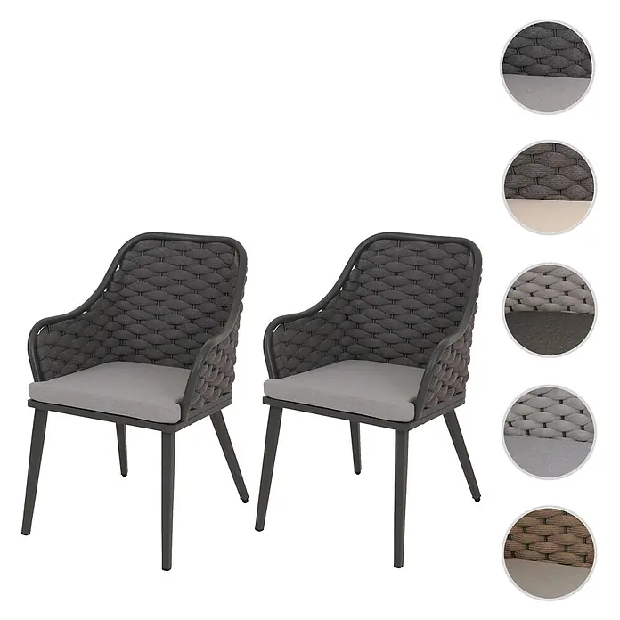 Mendler 2er-Set Aluminium-Gartenstuhl HWC-O16 - anthrazit Kissen hellgrau -  - Zwei dunkelgraue geflochtene Gartenstühle mit hellgrauen Kissen und Metallgestell.