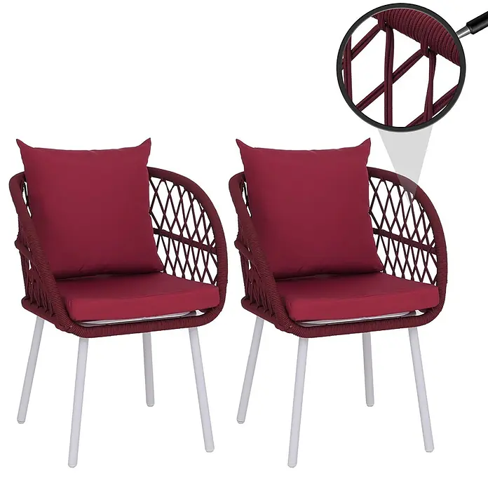 Mendler 2er-Set Gartenstuhl HWC-Q38 - Gestell hellgrau, Polster Bordeaux -  - Zwei rote Outdoor-Stühle mit geflochtenen Seilrückenlehnen, Armlehnen, passenden Kissen und weißen Beinen.