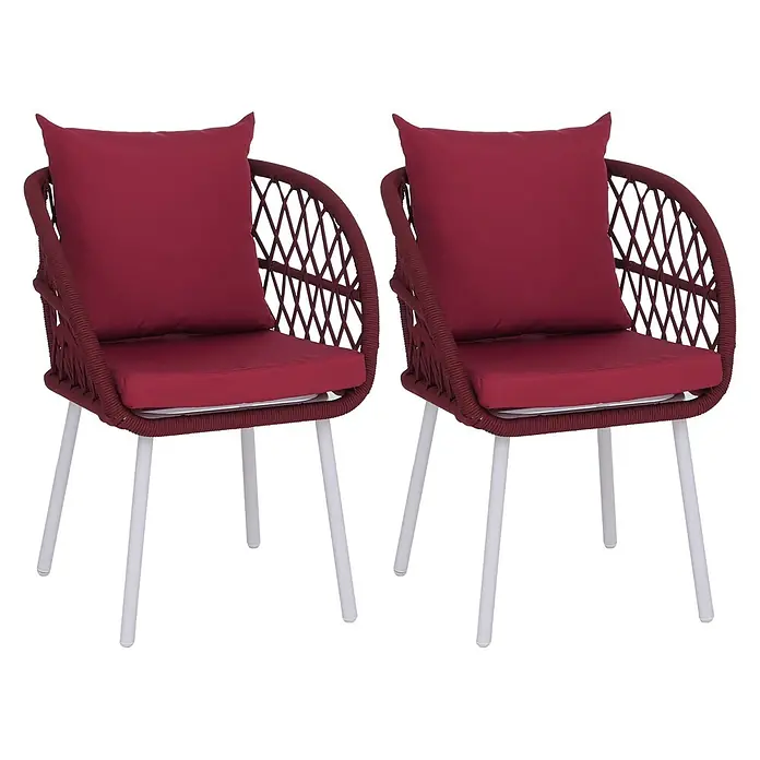 Mendler 2er-Set Gartenstuhl HWC-Q38 - Gestell hellgrau, Polster Bordeaux -  - Zwei rote Outdoor-Stühle mit geflochtenen Gestellen, passenden Polstern und weißen Beinen.