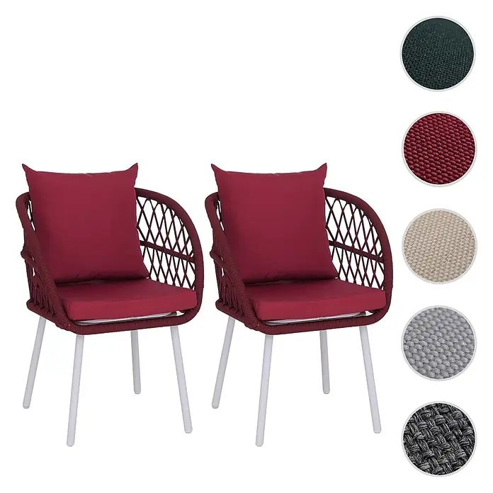 Mendler 2er-Set Gartenstuhl HWC-Q38 - Gestell hellgrau, Polster Bordeaux -  - Zwei dunkelrote Flechtsessel mit passenden Kissen und weißen Beinen. Farbmuster zeigen weitere Stofffarben: Grün, Beige, Grau.