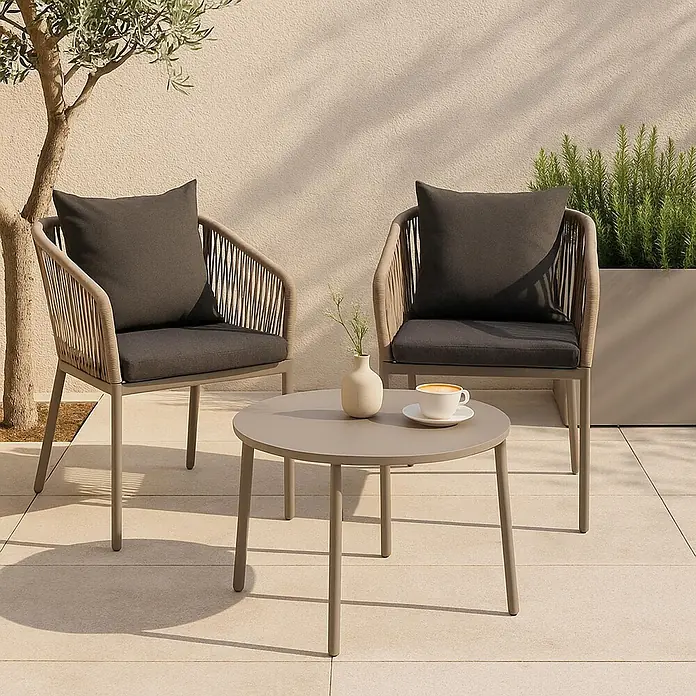 Mendler 2er-Set Gartenstuhl HWC-N41 - grau, Kissen dunkelgrau -  - Ein Outdoor-Loungeset mit zwei Stühlen mit geflochtenen Rückenlehnen und dunkelgrauen Kissen sowie einem runden taupefarbenen Couchtisch.