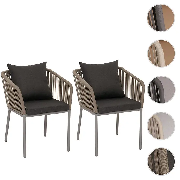 Mendler 2er-Set Gartenstuhl HWC-N41 - grau, Kissen dunkelgrau -  - Zwei Outdoor-Sessel mit beigem geflochtenem Seildesign, dunkelgrauen Polstern und grauen Metallbeinen.