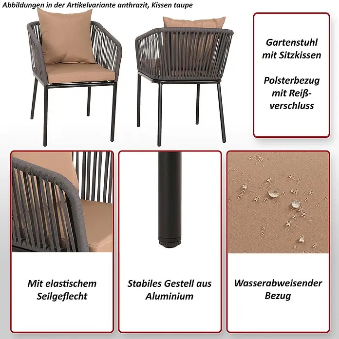 Mendler Gartenstuhl-Set HWC-N41 - 2 Stk., Textil, Bordeaux, Kissen bordeaux, B x T x H: 55 x 55 x 75 cm - Anthrazitfarbener Gartensessel mit taupefarbenen Sitzkissen. Er hat ein elastisches Seilgeflecht, Aluminiumgestell und wasserabweisende Bezüge mit Reißverschluss.