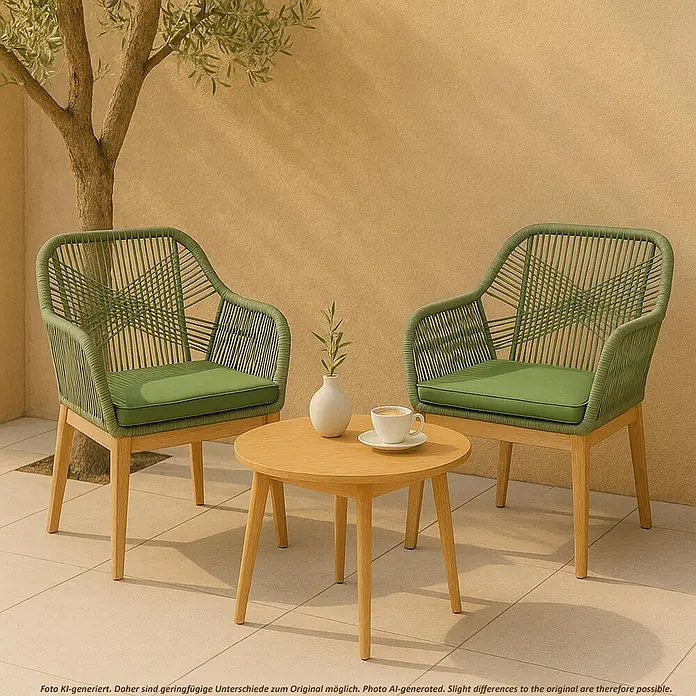 Mendler Gartenstuhl-Set HWC-H56 - 2 Stk., Holz, Grün, Kissen grün, B x T x H: 58 x 59 x 85 cm - Gartenmöbel-Set mit zwei grünen Flechtsesseln, Polstern und einem runden Holztisch, ideal für Terrasse oder Balkon.