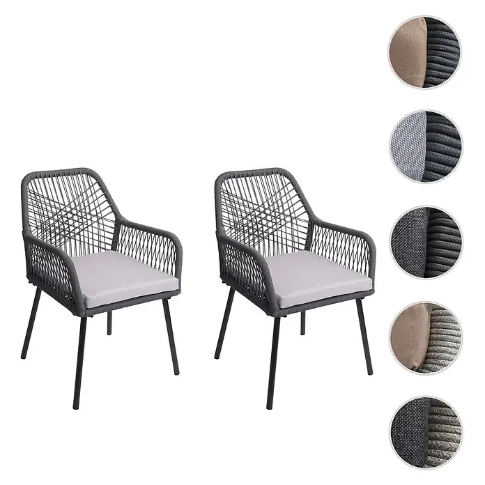 Mendler 2er-Set Gartenstuhl HWC-O12 Sitzpolster - anthrazit, Bezug grau -  - Zwei dunkelgraue Outdoor-Stühle mit geflochtenem Seildesign, schwarzen Beinen und hellgrauen Sitzkissen.