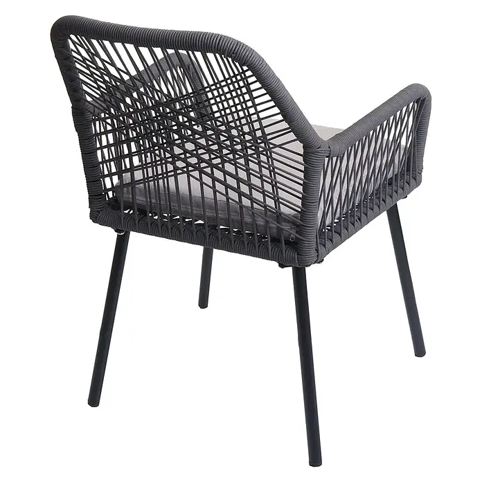 Mendler 2er-Set Gartenstuhl HWC-O12 Sitzpolster - anthrazit, Bezug grau -  - Dunkelgrauer Outdoor-Sessel mit geflochtenem Korpus, schwarzen Metallbeinen und hellem Kissen.