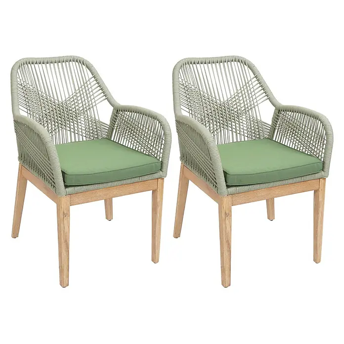 Mendler Gartenstuhl-Set HWC-H56 - 2 Stk., Holz, Grün, Kissen grün, B x T x H: 58 x 59 x 85 cm - Zwei Stühle mit hellen Holzbeinen, geflochtenem salbeigrünen Seil an Rückenlehnen/Armlehnen und grünen Sitzkissen.