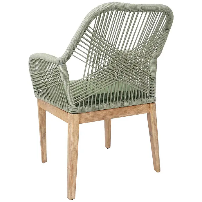 Mendler Gartenstuhl-Set HWC-H56 - 2 Stk., Holz, Grün, Kissen grün, B x T x H: 58 x 59 x 85 cm - Sessel aus grünem Seilgeflecht mit grünem Sitzkissen und Holzbeinen, von hinten gesehen.