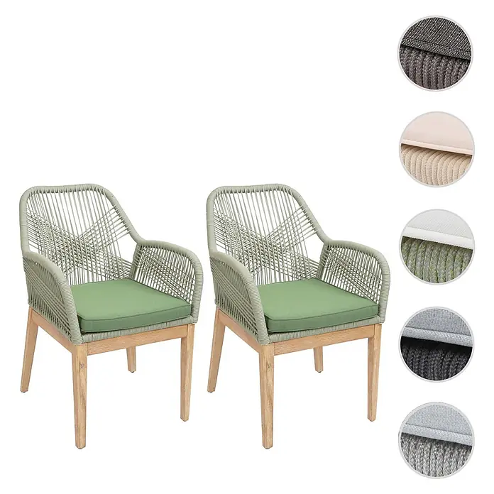 Mendler Gartenstuhl-Set HWC-H56 - 2 Stk., Holz, Grün, Kissen grün, B x T x H: 58 x 59 x 85 cm - Zwei salbeigrüne geflochtene Seilsessel mit naturfarbenen Holzbeinen und passenden grünen Kissen.