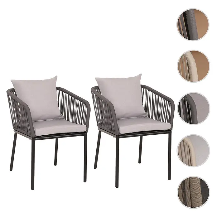 Mendler 2er-Set Gartenstuhl HWC-N41 - anthrazit Kissen grau -  - Zwei Outdoor-Stühle mit dunkelgrauen geflochtenen Seilsitzen, schwarzen Metallrahmen und hellgrauen Kissen.