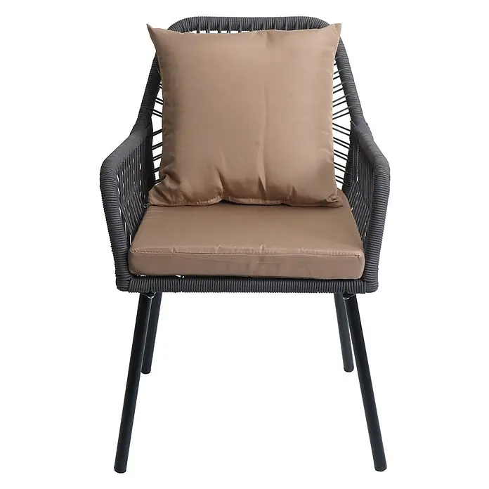 Mendler 2x Gartenstuhl HWC-O12 Rückenpolster - anthrazit, Bezug Taupe -  - Dunkelgrauer geflochtener Outdoor-Stuhl mit schwarzen Beinen und hellbraunen Sitz- und Rückenkissen für Komfort.