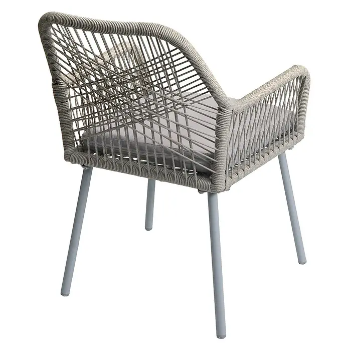 Mendler 2er-Set Gartenstuhl HWC-O12 Sitzpolster - grau, Bezug grau -  - Grauer, seilgeflochtener Outdoor-Sessel mit grauem Kissen und Metallbeinen, aus Dreiviertelansicht.
