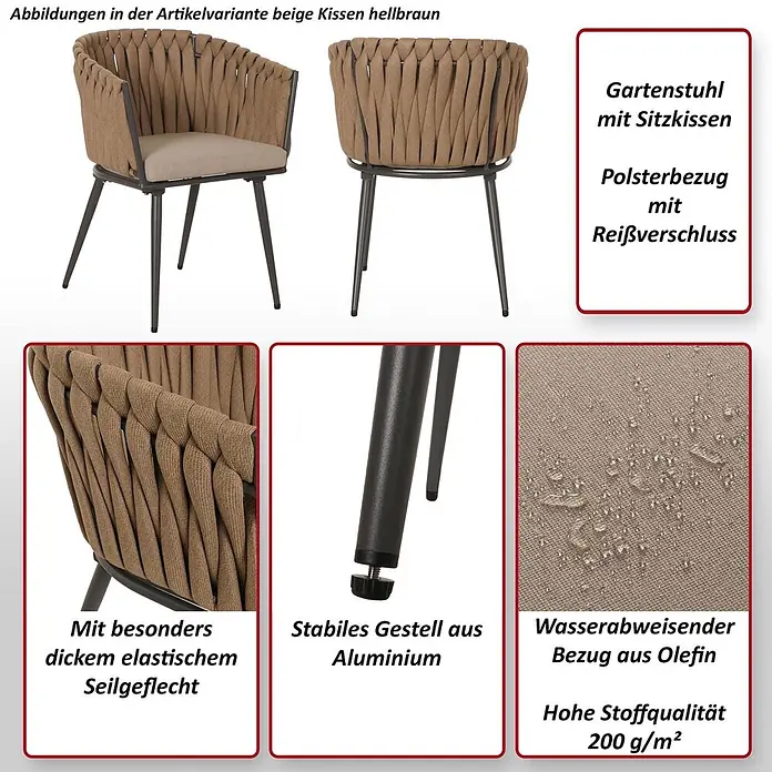 Mendler 2er-Set Alu-Gartenstuhl HWC-N38, Rope ~ creme Kissen hellbraun -  - Hellbrauner Gartenstuhl mit beigem Sitzkissen, elastischem Seilgeflecht und stabilem Aluminiumgestell.