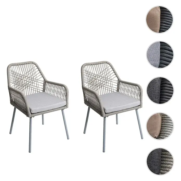 Mendler 2er-Set Gartenstuhl HWC-O12 Sitzpolster - grau, Bezug grau -  - Zwei hellgraue Outdoor-Stühle mit geflochtenen Seilrahmen, hellgrauen Sitzkissen und grauen Metallbeinen.