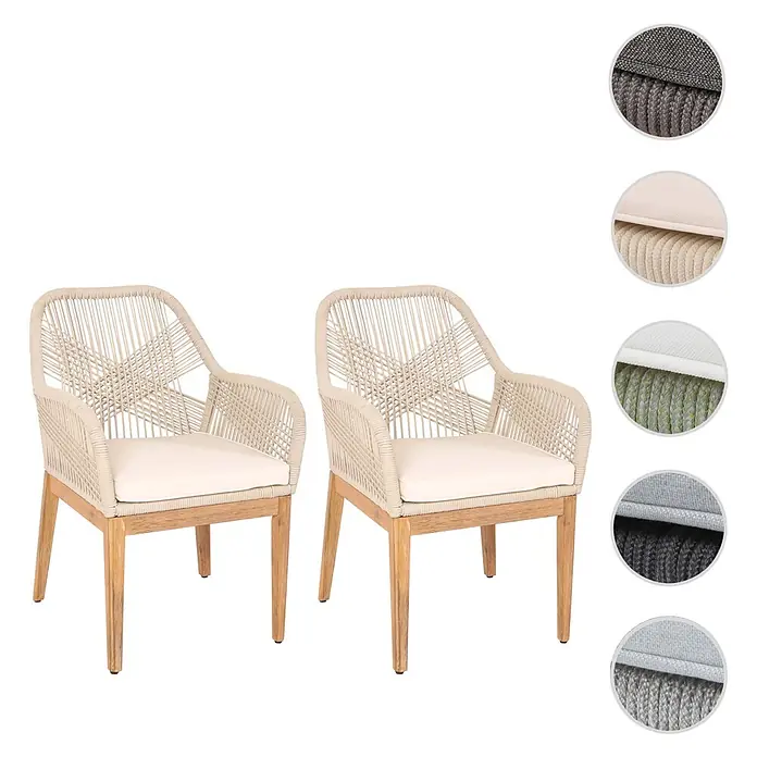 Mendler 2er-Set Gartenstuhl HWC-H56b Holz - beige Kissen Creme-weiß -  - Zwei beigefarbene Stühle aus geflochtenem Seil mit hellem Holzrahmen und cremefarbenen Kissen.