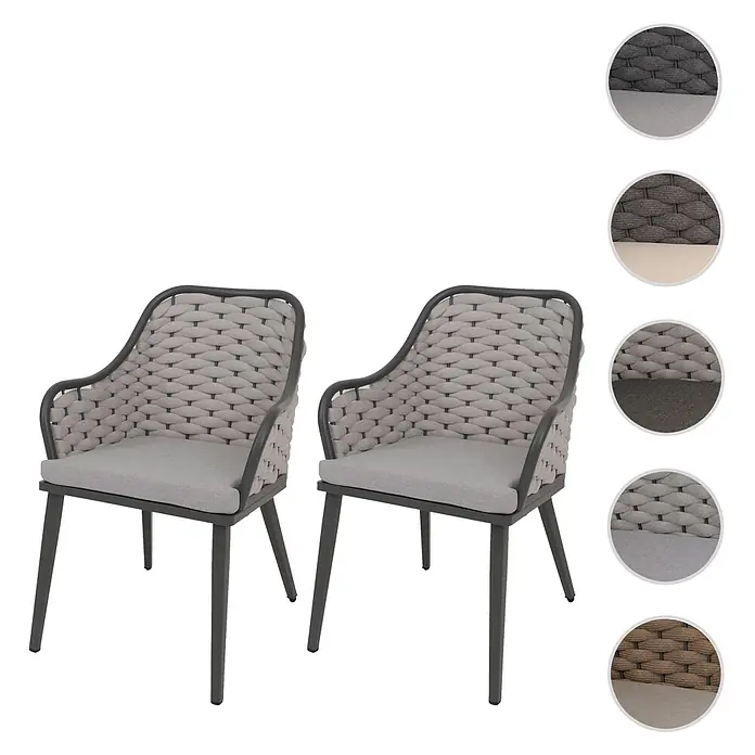 Mendler 2er-Set Aluminium-Gartenstuhl HWC-O16 - hellgrau Kissen hellgrau -  - Zwei hellgraue Outdoor-Stühle mit geflochtenen Rückenlehnen, weichen Sitzkissen und dunkelgrauen Gestellen. In verschiedenen Farben erhältlich.