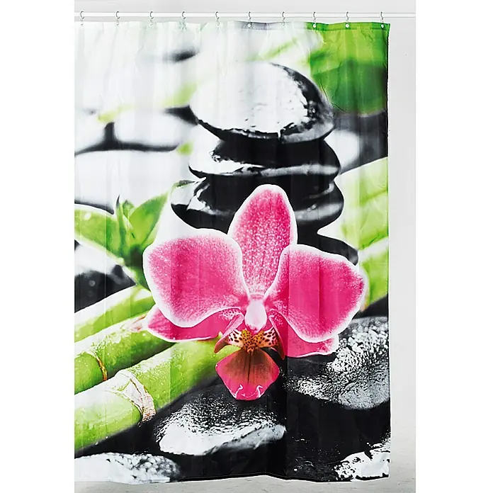 Venus Duschvorhang Orchidee - B x H: 180 x 200 cm, Textil - Duschvorhang mit einem Motiv aus rosa Orchideen, Bambus und schwarzen Steinen, der einen Hauch von Spa-Atmosphäre ins Badezimmer bringt.
