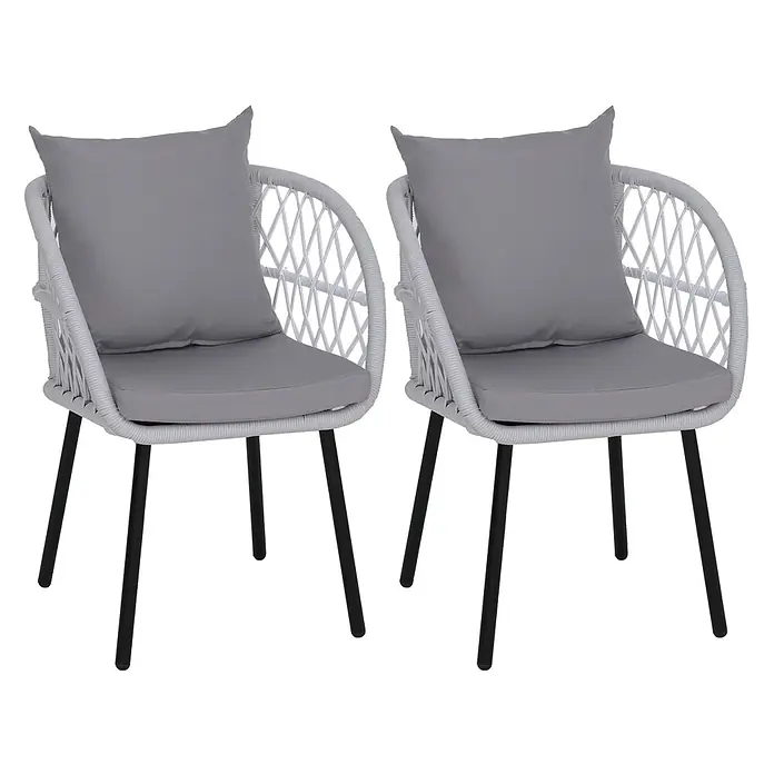 Mendler 2er-Set Gartenstuhl HWC-Q38 - Gestell schwarz, Polster hellgrau -  - Zwei weiße Outdoor-Stühle aus geflochtenem Seil mit grauen Kissen und schwarzen Beinen.