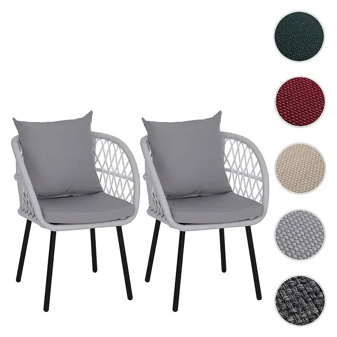 Mendler 2er-Set Gartenstuhl HWC-Q38 - Gestell schwarz, Polster hellgrau -  - Zwei weiße geflochtene Stühle mit schwarzen Beinen und grauen Kissen, Farbmuster für Kissenbezüge.