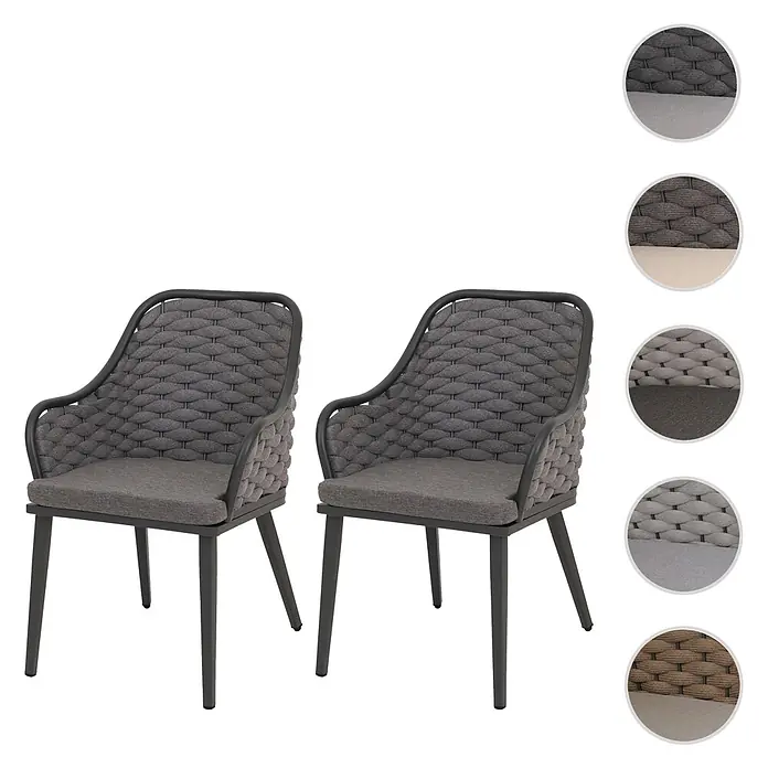 Mendler 2er-Set Aluminium-Gartenstuhl HWC-O16 - anthrazit Kissen dunkelgrau -  - Zwei graue Outdoor-Sessel mit geflochtenen Rückenlehnen und Sitzkissen.