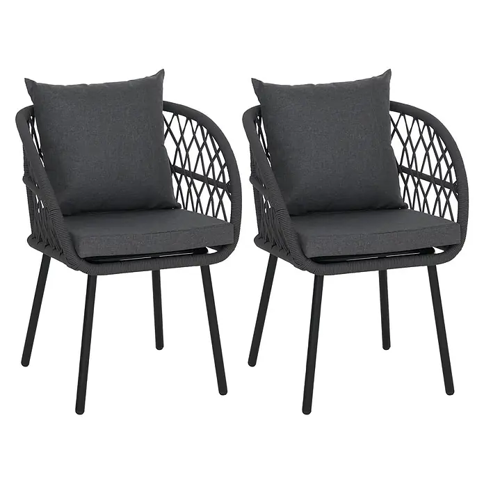 Mendler 2er-Set Gartenstuhl HWC-Q38 - Gestell schwarz, Polster anthrazit -  - Zwei dunkelgraue Outdoor-Stühle mit geflochtenen Seilrückenlehnen und schwarzen Metallbeinen, inklusive passender Sitz- und Rückenkissen.