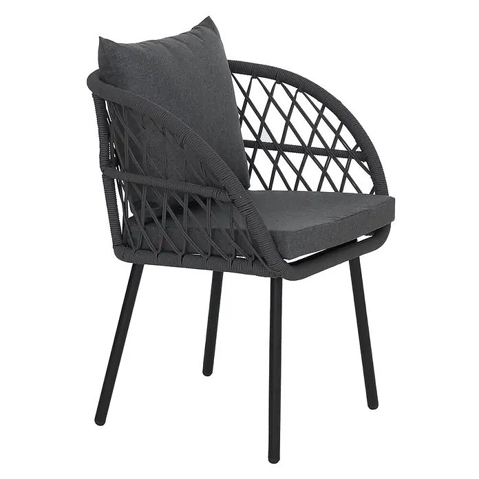 Mendler 2er-Set Gartenstuhl HWC-Q38 - Gestell schwarz, Polster anthrazit -  - Dunkelgrauer geflochtener Outdoor-Esszimmerstuhl mit passenden Kissen und schwarzen Metallbeinen.