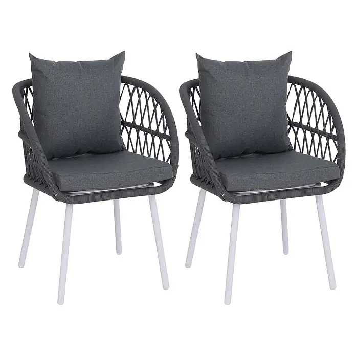 Mendler 2er-Set Gartenstuhl HWC-Q38 - Gestell hellgrau, Polster anthrazit -  - Zwei dunkelgraue Outdoor-Stühle mit geflochtenen Rückenlehnen und weißen Beinen, inklusive passender Sitz- und Rückenkissen.