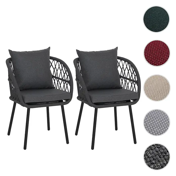 Mendler 2er-Set Gartenstuhl HWC-Q38 - Gestell schwarz, Polster anthrazit -  - Zwei dunkelgraue Outdoor-Sessel mit geflochtenen Rückenlehnen und schwarzen Metallbeinen, mit passenden dunkelgrauen Kissen. Farbmuster zeigen weitere Stoffoptionen.