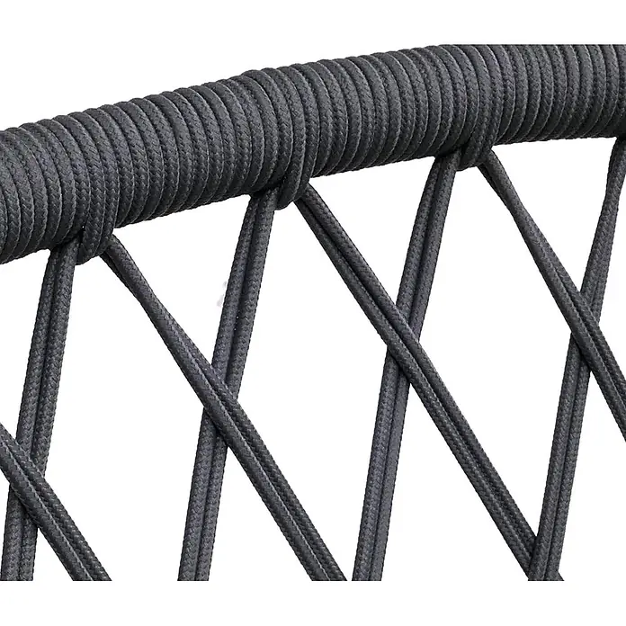 Mendler 2er-Set Gartenstuhl HWC-Q38 - Gestell schwarz, Polster anthrazit -  - Detail aus dunkelgrauen geflochtenen Seilen: ein dickes, horizontal gewickeltes Seil und dünnere Seile in Kreuzmuster gewebt.